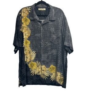 Tommy Bahama Button Shirt Black Gray Yellow 100% Silk Floral Hibiscus Aloha XL